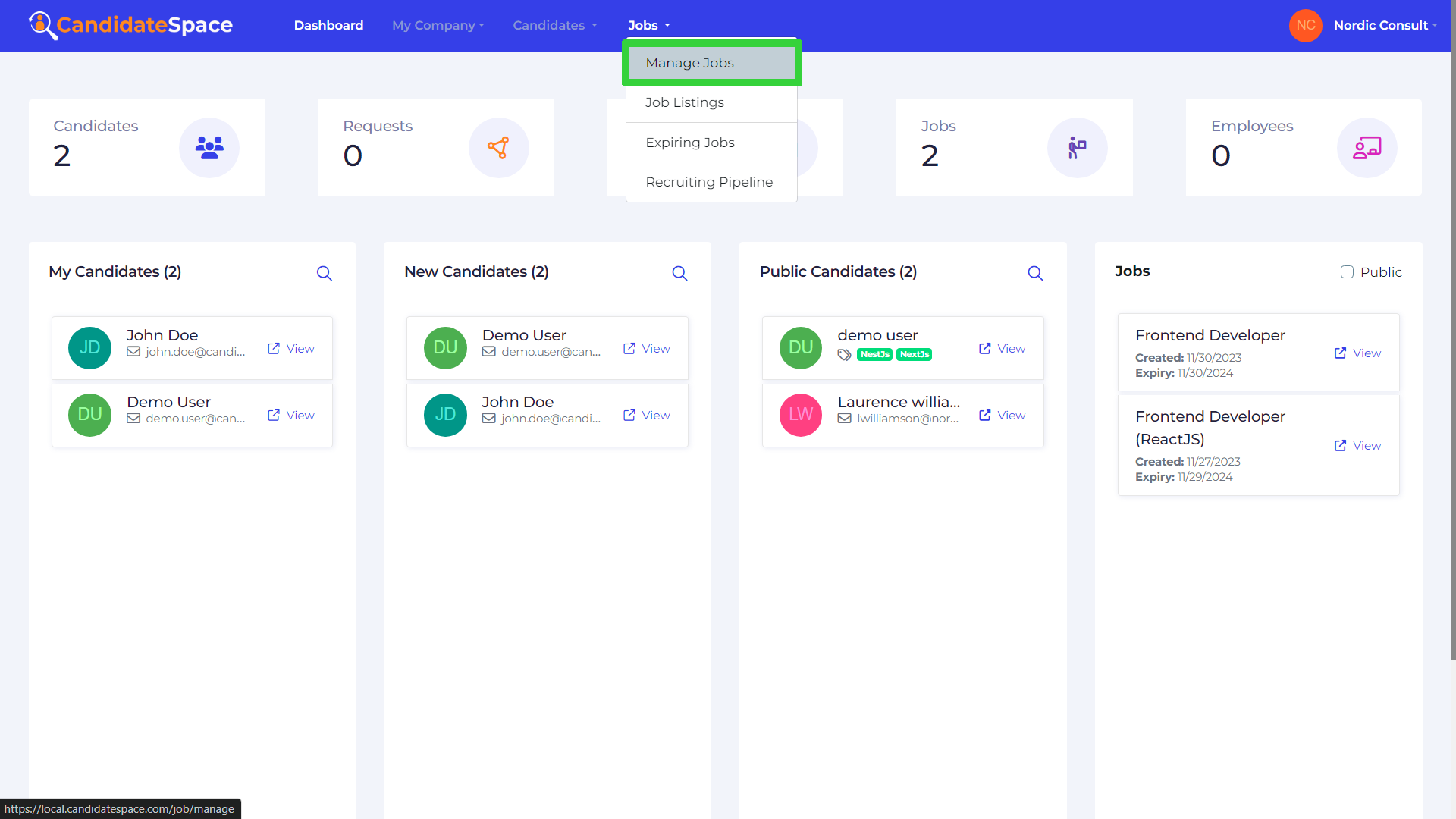 Manage Jobs Menu