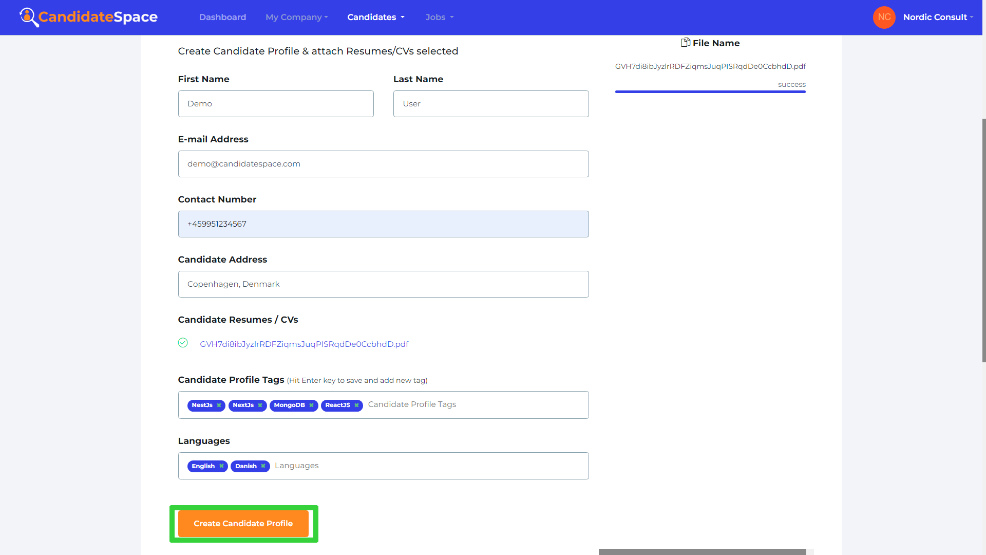 Create Candidate Form - Create Profile button