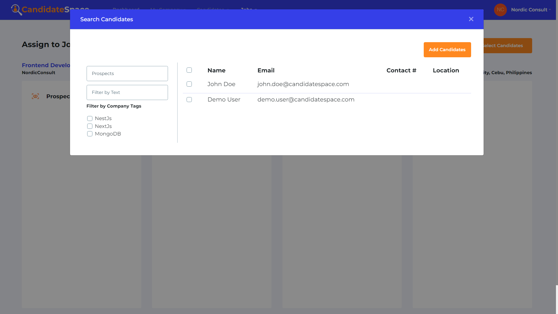 Manage Jobs - Pipelining Select Candidates Modal